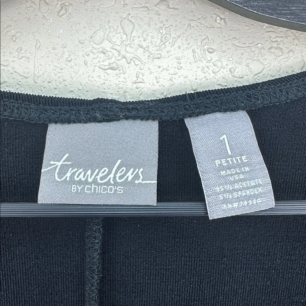 Chico's Travelers Rosemary Faux Wrap Dress Black 3/4 Sleeve Ruched Knit Sz 1/S - Picture 4 of 5